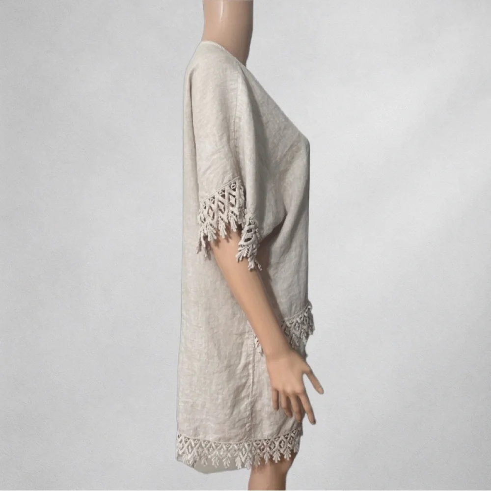 Valentina Naldi 100% Linen Women’s Tunic L/XL One Size Lace Trim Boho Italy 0157